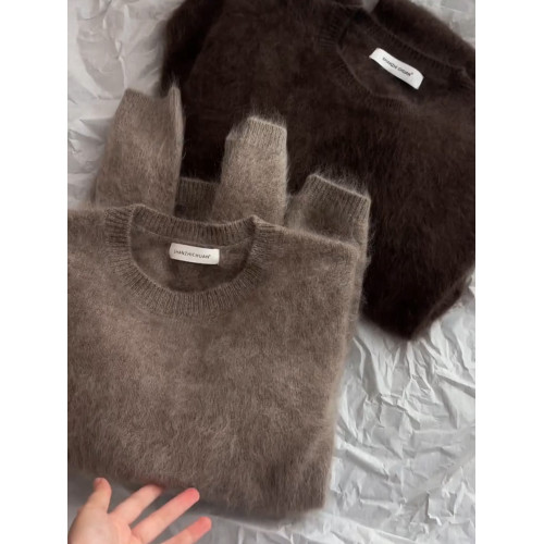 高級感棕色馬海毛圓領套頭毛衣女秋冬嬭fufu軟糯外穿內搭針織上衣