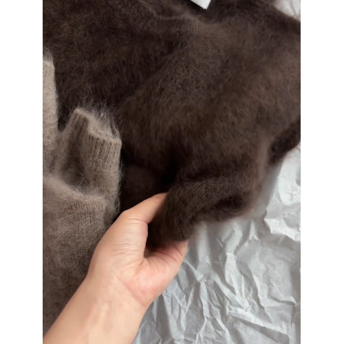 高級感棕色馬海毛圓領套頭毛衣女秋冬嬭fufu軟糯外穿內搭針織上衣