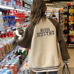 棒球服女2022秋冬季新款百搭羊羔毛加絨加厚拼接撞色學生夾克外套