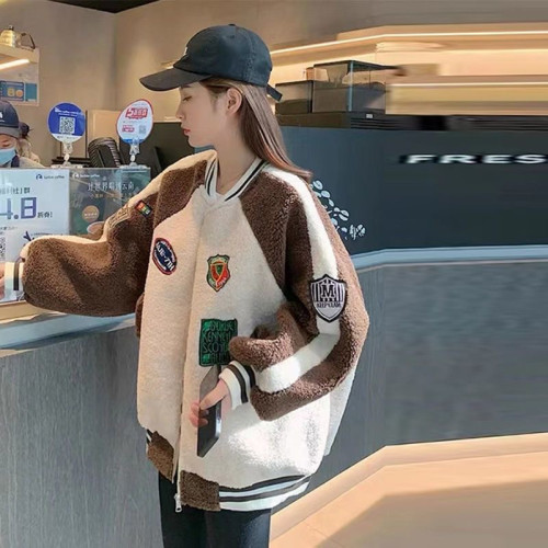 棒球服女2022秋冬季新款百搭羊羔毛加絨加厚拼接撞色學生夾克外套