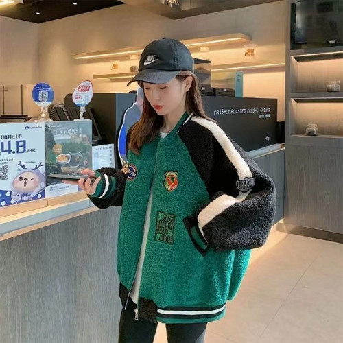 棒球服女2022秋冬季新款百搭羊羔毛加絨加厚拼接撞色學生夾克外套