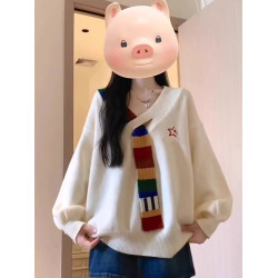 美式復古彩虹毛織拼接v領針織衫外套秋寬鬆學院風高級感女毛衣冬