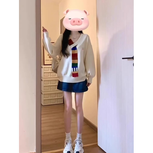 美式復古彩虹毛織拼接v領針織衫外套秋寬鬆學院風高級感女毛衣冬