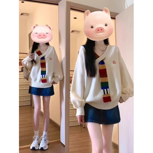 美式復古彩虹毛織拼接v領針織衫外套秋寬鬆學院風高級感女毛衣冬