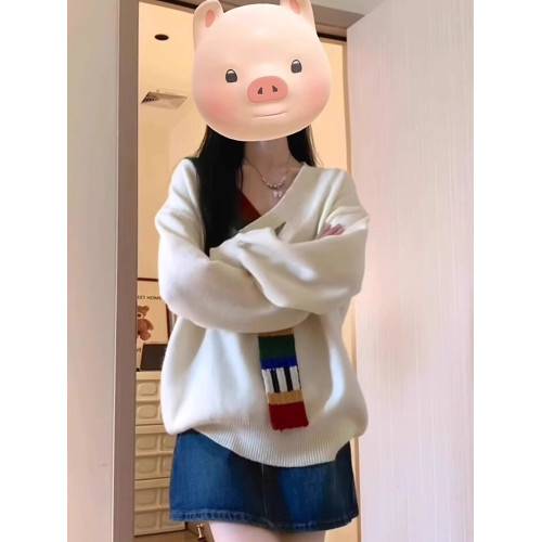 美式復古彩虹毛織拼接v領針織衫外套秋寬鬆學院風高級感女毛衣冬