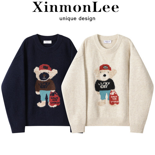 XinmonLee復古圓領小熊毛衣外套秋冬季女寬鬆休閒百搭超好看上衣