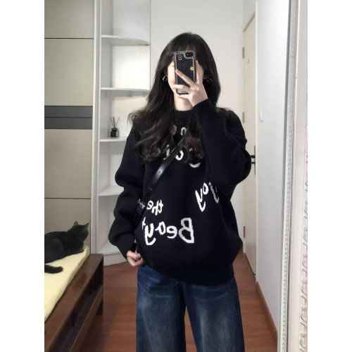 美式復古潮牌不規則字母提花圓領毛衣女秋冬休閒寬鬆慵嬾風針織衫