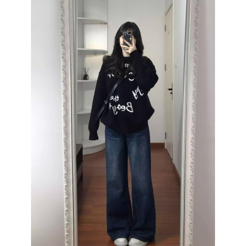 美式復古潮牌不規則字母提花圓領毛衣女秋冬休閒寬鬆慵嬾風針織衫