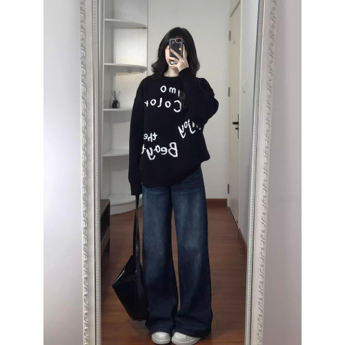 美式復古潮牌不規則字母提花圓領毛衣女秋冬休閒寬鬆慵嬾風針織衫