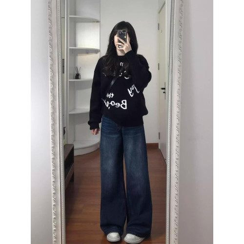 美式復古潮牌不規則字母提花圓領毛衣女秋冬休閒寬鬆慵嬾風針織衫