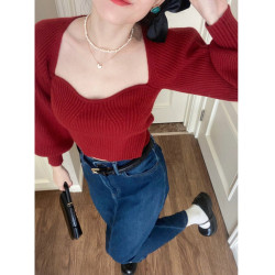 2025年新款方領短款紅色毛衣秋冬季打底內搭針織衫上衣設計感小衆