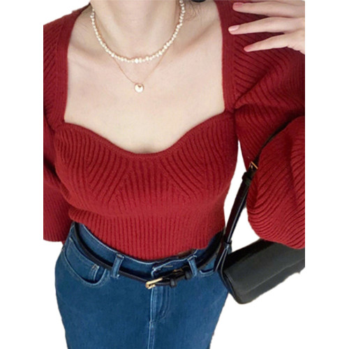 2025年新款方領短款紅色毛衣秋冬季打底內搭針織衫上衣設計感小衆