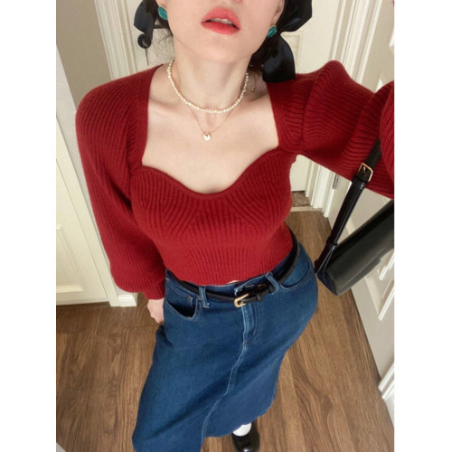 2025年新款方領短款紅色毛衣秋冬季打底內搭針織衫上衣設計感小衆