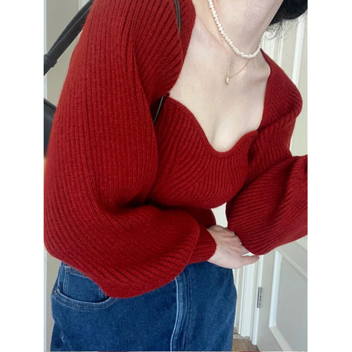 2025年新款方領短款紅色毛衣秋冬季打底內搭針織衫上衣設計感小衆