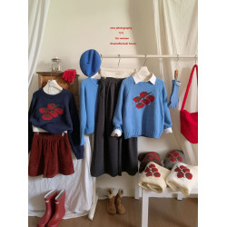 韓國超火的番茄圖案提花圓領毛衣女秋冬厚實外穿休閒寬鬆針織上衣