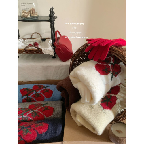 韓國超火的番茄圖案提花圓領毛衣女秋冬厚實外穿休閒寬鬆針織上衣