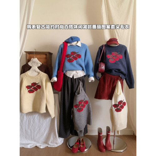 韓國超火的番茄圖案提花圓領毛衣女秋冬厚實外穿休閒寬鬆針織上衣