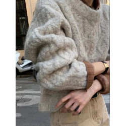 落日橘！秋冬高級感日系復古寬鬆慵嬾風圓領粗毛線外穿麻花毛衣女