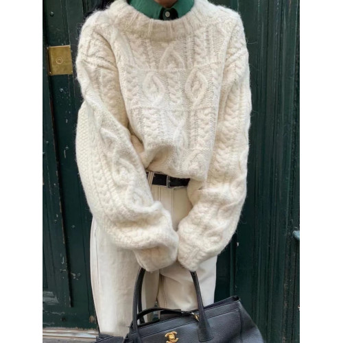 落日橘！秋冬高級感日系復古寬鬆慵嬾風圓領粗毛線外穿麻花毛衣女