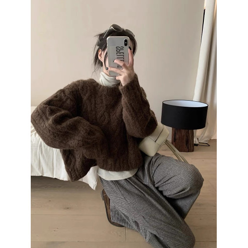 落日橘！秋冬高級感日系復古寬鬆慵嬾風圓領粗毛線外穿麻花毛衣女