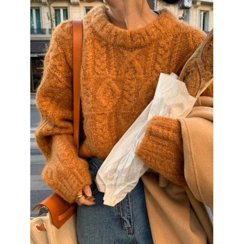 落日橘！秋冬高級感日系復古寬鬆慵嬾風圓領粗毛線外穿麻花毛衣女