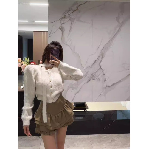 韓國chic秋冬溫柔氣質單排釦小香風掛脖飄帶百搭軟糯針織開衫毛衣