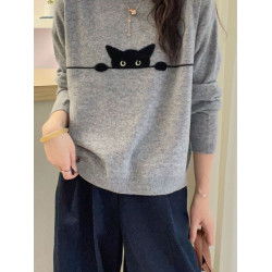 灰色簡約卡通貓咪提花圓領毛衣女秋冬新款寬鬆顯瘦百搭針織衫上衣