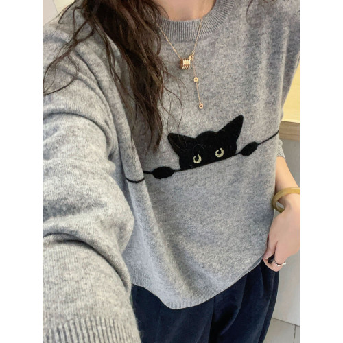 灰色簡約卡通貓咪提花圓領毛衣女秋冬新款寬鬆顯瘦百搭針織衫上衣