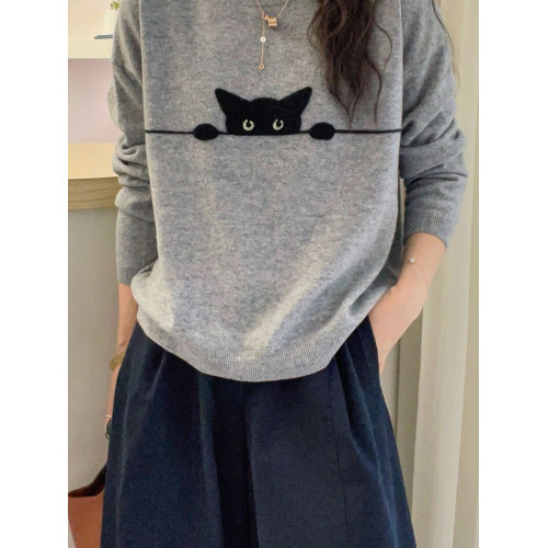 灰色簡約卡通貓咪提花圓領毛衣女秋冬新款寬鬆顯瘦百搭針織衫上衣