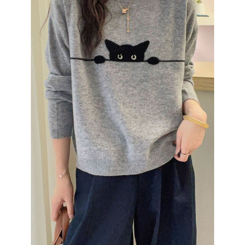 灰色簡約卡通貓咪提花圓領毛衣女秋冬新款寬鬆顯瘦百搭針織衫上衣