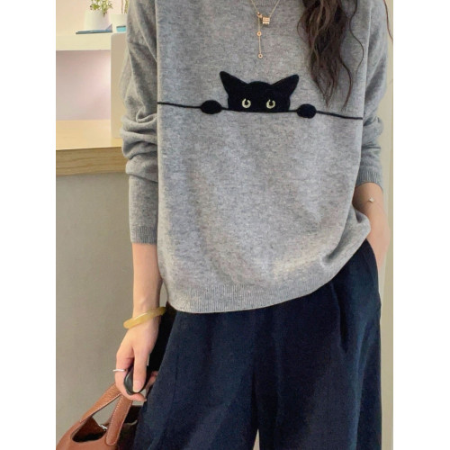 灰色簡約卡通貓咪提花圓領毛衣女秋冬新款寬鬆顯瘦百搭針織衫上衣