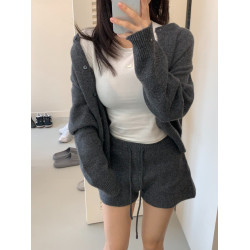 韓國chic秋冬新款韓系排釦針織長袖上衣＋短褲顯瘦針織套裝
