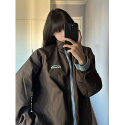 美式復古拼接條紋兩面穿連帽外套女寬松設計感小衆休閒百搭棒球服