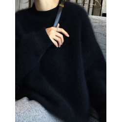 秋冬新款仿水貂絨軟糯馬海毛毛衣女圓領內搭寬鬆慵懶風外穿上衣