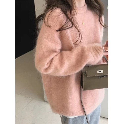 秋冬新款仿水貂絨軟糯馬海毛毛衣女圓領內搭寬鬆慵懶風外穿上衣