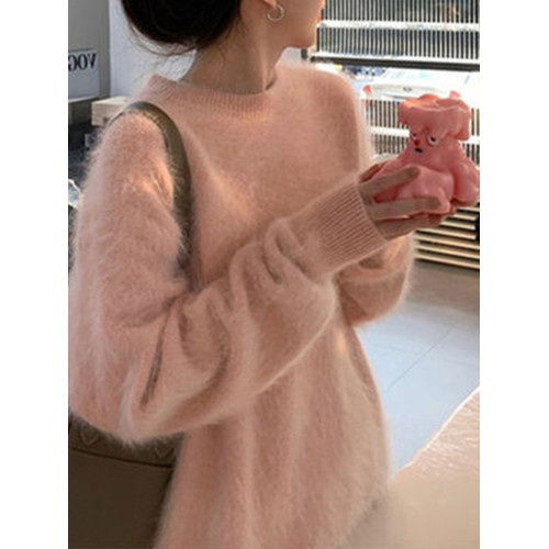 秋冬新款仿水貂絨軟糯馬海毛毛衣女圓領內搭寬鬆慵懶風外穿上衣