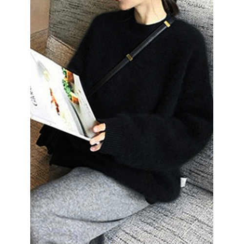 秋冬新款仿水貂絨軟糯馬海毛毛衣女圓領內搭寬鬆慵懶風外穿上衣