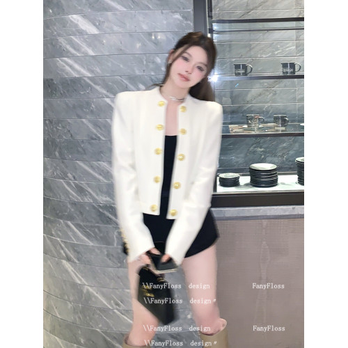 FanyFloss小香風白色粗花呢圓領顯瘦西裝外套女金釦羊毛短款開衫 FanyFloss小香風白色粗花呢圓領顯瘦西裝外套女金釦羊毛短款開衫