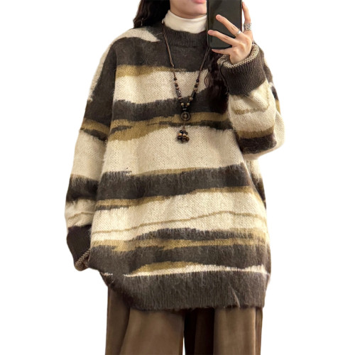 UATONLINE冬季美式復古慵嬾風寬鬆馬海毛條紋圓領毛衣針織衫女潮