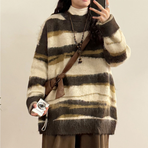 UATONLINE冬季美式復古慵嬾風寬鬆馬海毛條紋圓領毛衣針織衫女潮