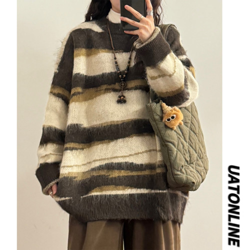 UATONLINE冬季美式復古慵嬾風寬鬆馬海毛條紋圓領毛衣針織衫女潮