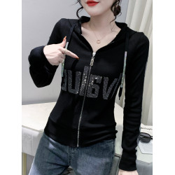 歐貨拉鍊外套女春秋款設計感個性連帽衛衣休閒燙鑽長袖開衫上衣