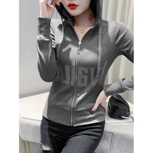 歐貨拉鍊外套女春秋款設計感個性連帽衛衣休閒燙鑽長袖開衫上衣 歐貨拉鍊外套女春秋款設計感個性連帽衛衣休閒燙鑽長袖開衫上衣