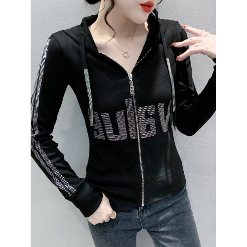 歐貨拉鍊外套女春秋款設計感個性連帽衛衣休閒燙鑽長袖開衫上衣 歐貨拉鍊外套女春秋款設計感個性連帽衛衣休閒燙鑽長袖開衫上衣