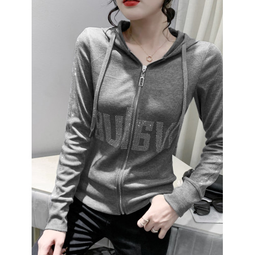 歐貨拉鍊外套女春秋款設計感個性連帽衛衣休閒燙鑽長袖開衫上衣 歐貨拉鍊外套女春秋款設計感個性連帽衛衣休閒燙鑽長袖開衫上衣