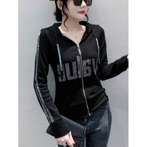 歐貨拉鍊外套女春秋款設計感個性連帽衛衣休閒燙鑽長袖開衫上衣 歐貨拉鍊外套女春秋款設計感個性連帽衛衣休閒燙鑽長袖開衫上衣