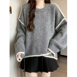 大碼撞色針織毛衣女秋冬季加厚胖mm寬鬆遮肉慵嬾風不規則長袖上衣