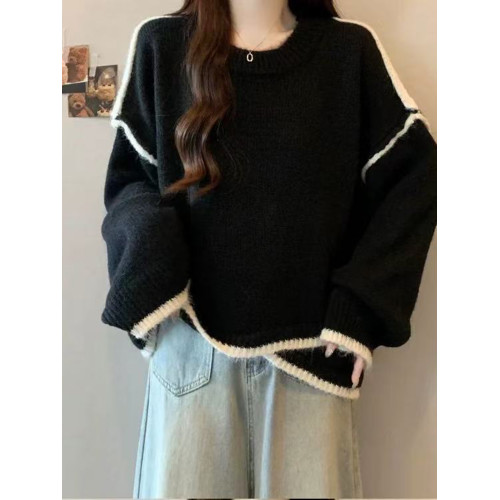 大碼撞色針織毛衣女秋冬季加厚胖mm寬鬆遮肉慵嬾風不規則長袖上衣