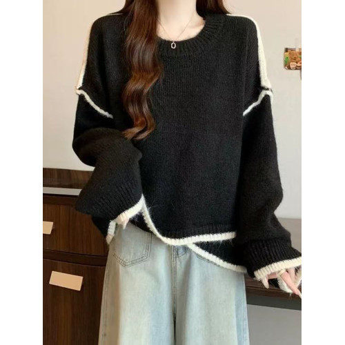 大碼撞色針織毛衣女秋冬季加厚胖mm寬鬆遮肉慵嬾風不規則長袖上衣