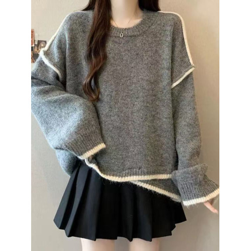 大碼撞色針織毛衣女秋冬季加厚胖mm寬鬆遮肉慵嬾風不規則長袖上衣